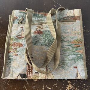 Vintage Jade Canvas Tote Handbag 12x12 Zip Pockets And Hook N Loop Sailboats